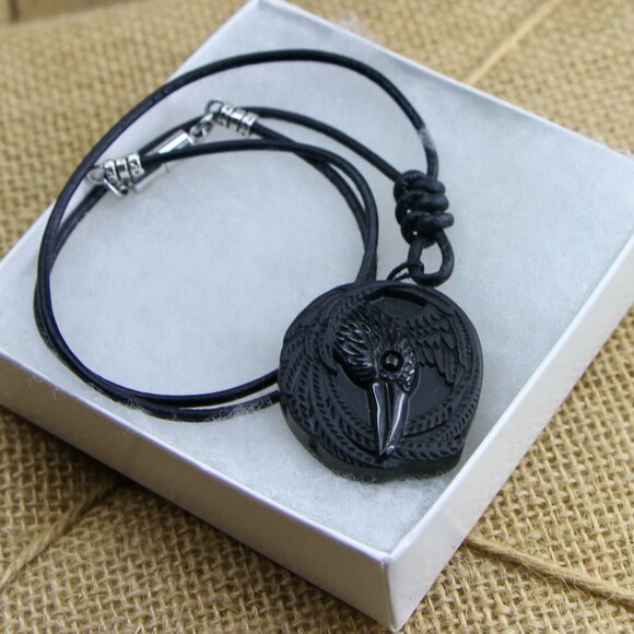 Obsidian Viking Raven Necklace with Genuine Hand Knotted Soft Black Leather Cord - Picture 2 of 10